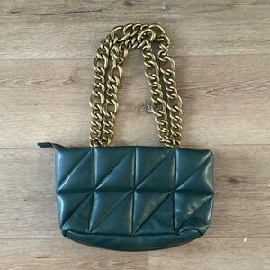 Zara Women's Quilted Leather Shoulder Bag With Chain Dark Green Leather